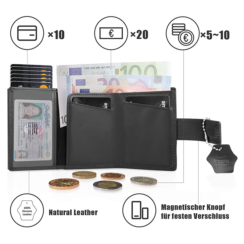 Mini carteira de couro genuíno com fecho para homens, estojo de cartão de crédito, pequeno porta-cartão de alumínio, porta-moedas, proteção RFID