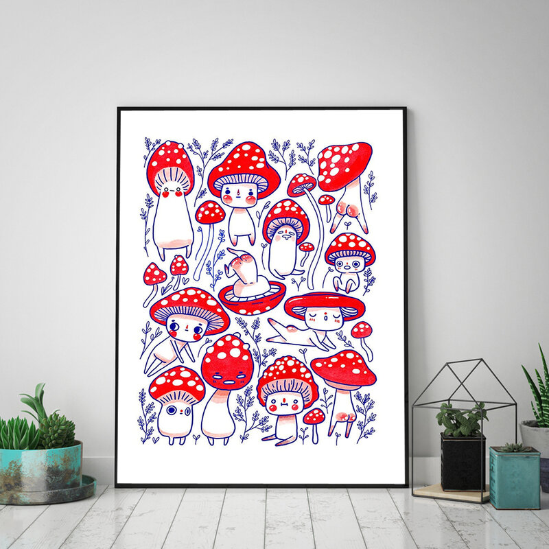 Abstrakcyjny plakat na płótnie malarstwo czerwony niebieski grzyb z Cute Sexy tyłki drukuj klasyczna ściana obraz sztuki do salonu Home Decor