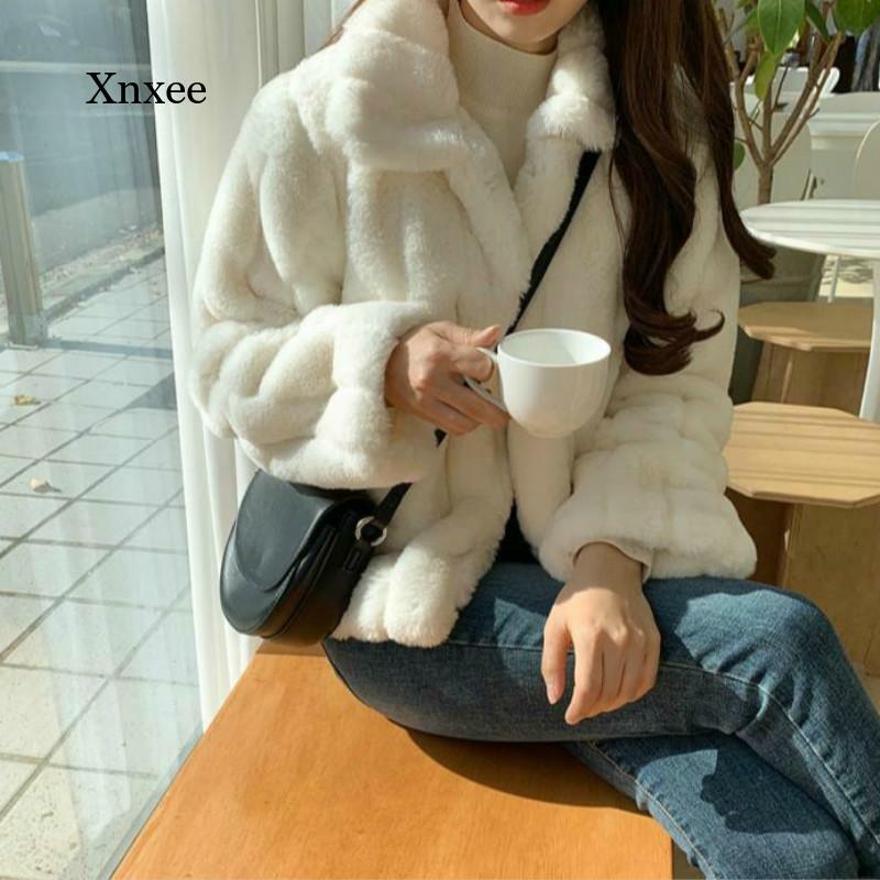 Abrigo cálido de piel de conejo para mujer, abrigo blanco de piel sintética de manga larga, 2021