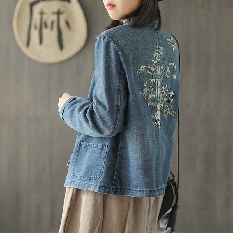 Blusas Mujer De Moda z długim rękawem jednorzędowa koszula dżinsowa w stylu chińskim Vintage Floraal Emboridery luźna wygodna bluzka