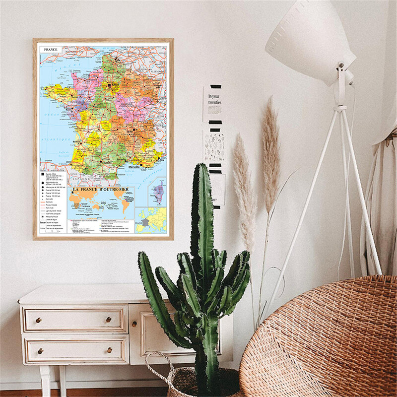 Affiche murale carte politique de la France, peinture sur toile sans odeur, fournitures scolaires de voyage, décoration de la maison en français, 42x59cm