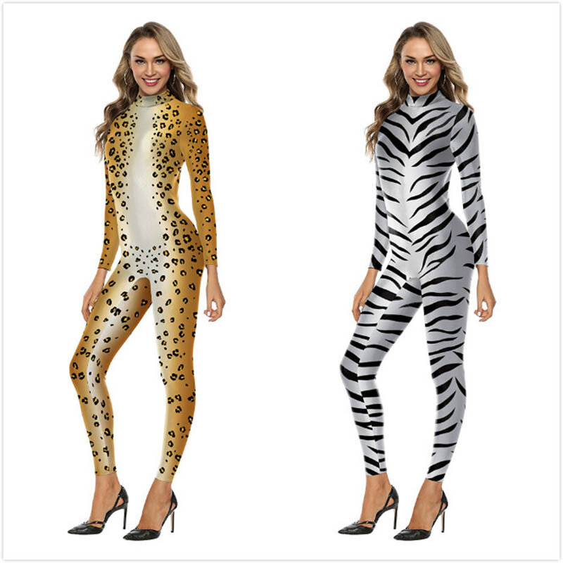 Macacão feminino slim com estampa de leopardo, nova moda 2020, elegante, plus size, zíper, roupa sexy