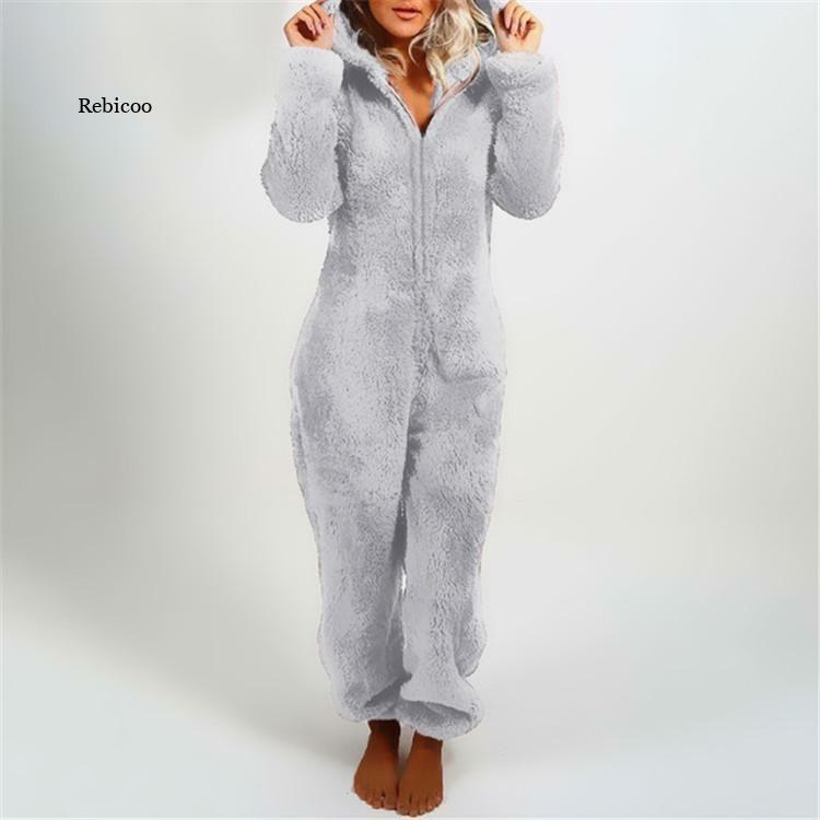 女性の冬のパジャマ,暖かいふわふわのフリースジャンプスーツ,フードセット,大人の女性のためのパジャマ