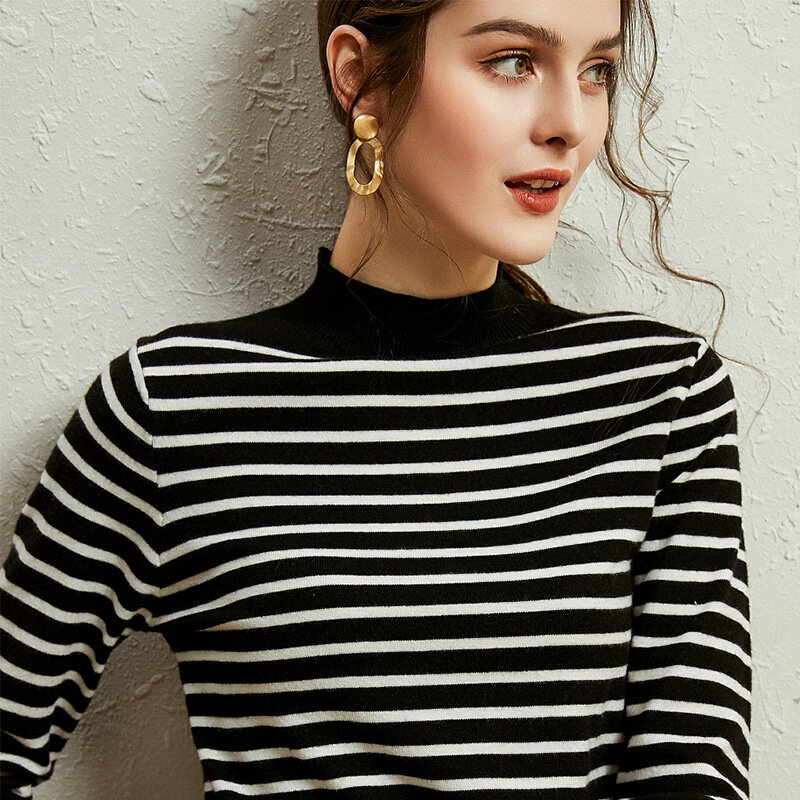 MRMT 2024 Brand New Striped knit top women's loose long sleeved jacket half high collar sweater fashion outside the bottom shirt