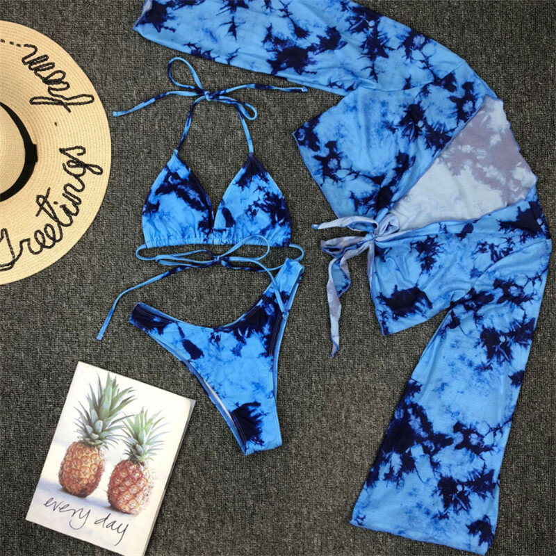 Conjunto de Bikini de tres piezas para mujer, traje de baño Sexy de manga larga con estampado de leopardo, Bikini con cordones, traje de baño dividido, novedad de verano de 2022