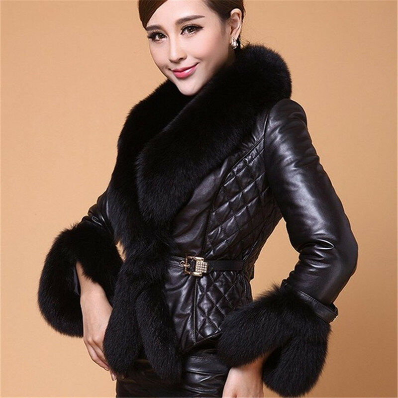 Jaket Kulit Musim Dingin Baru Mantel Wanita Mantel Pendek Kerah Bulu Rubah Imitasi Jaket Wanita Kulit PU Pakaian Luar Ritsleting Motor Elegan