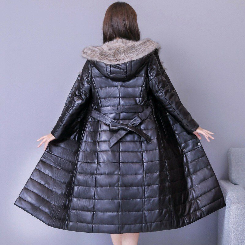 Женская длинная куртка из овечьей кожи с капюшоном и воротником из искусственного меха норки, однотонная Черная куртка с поясом, большие размеры, женская модная зимняя куртка