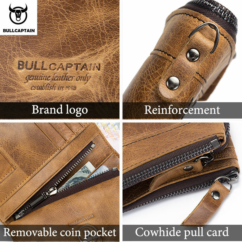 BULLCAPTAIN-cartera de cuero auténtico para hombre, monedero corto, pequeño, Retro, RFID, nueva, QB013