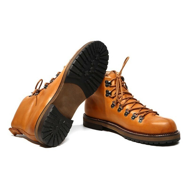 Sepatu Bot Kulit Asli Retro Kasual Fashion Pria Sepatu Bot Keselamatan Berenda Warna Oranye Hitam Sepatu Gaun Ujung Bulat Kualitas Tinggi Musim Gugur Pria
