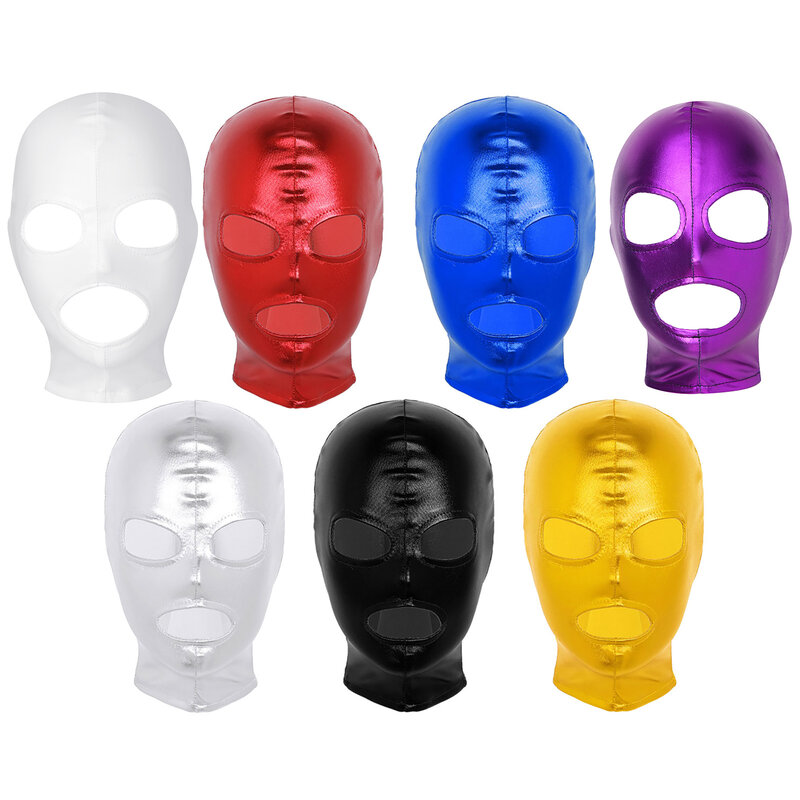 Unisex Mens Womens Latex Face Mask Open Eyes Mouth Headgear Shiny Metallic Full Face Mask Hood for Role Play Costume