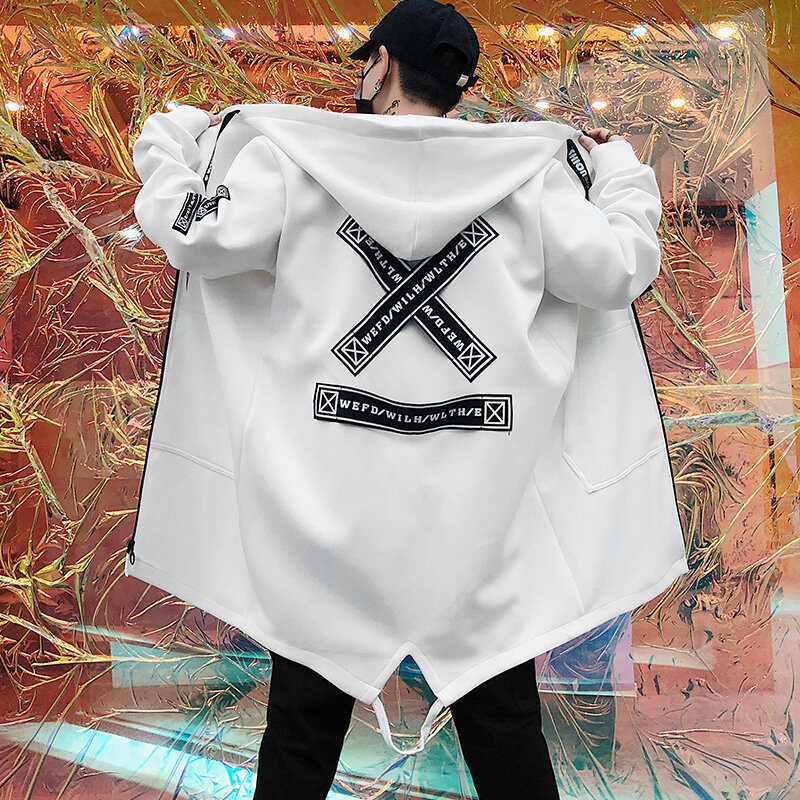 Jaket Bertudung Pria Musim Gugur 2023 Mantel Pita Penahan Angin Harajuku Print Mantel Streetwear Hip Hop Kasual Pria LBZ155