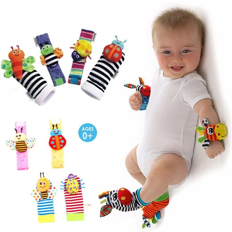 Pulseira com chocalhos e meias de animal, brinquedo novo par com 2 partes, para bebês, brinquedos macios para desenvolvimento de mãos e pés, 0-12 meses