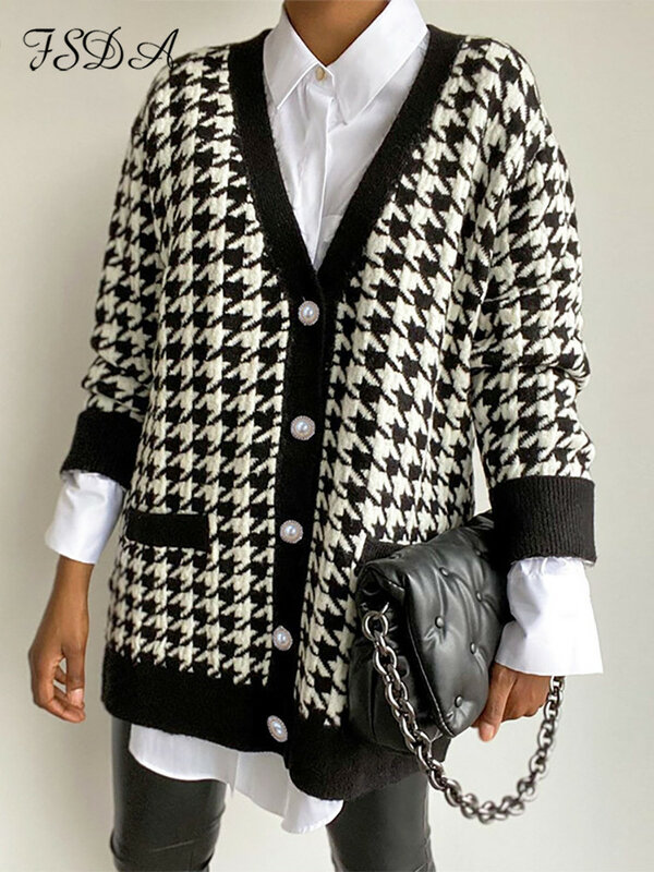 FSDA-Casaco de lã preto feminino com botão, suéter de manga comprida, tricotado, solto, extragrande, jumper casual, outono, inverno, 2022
