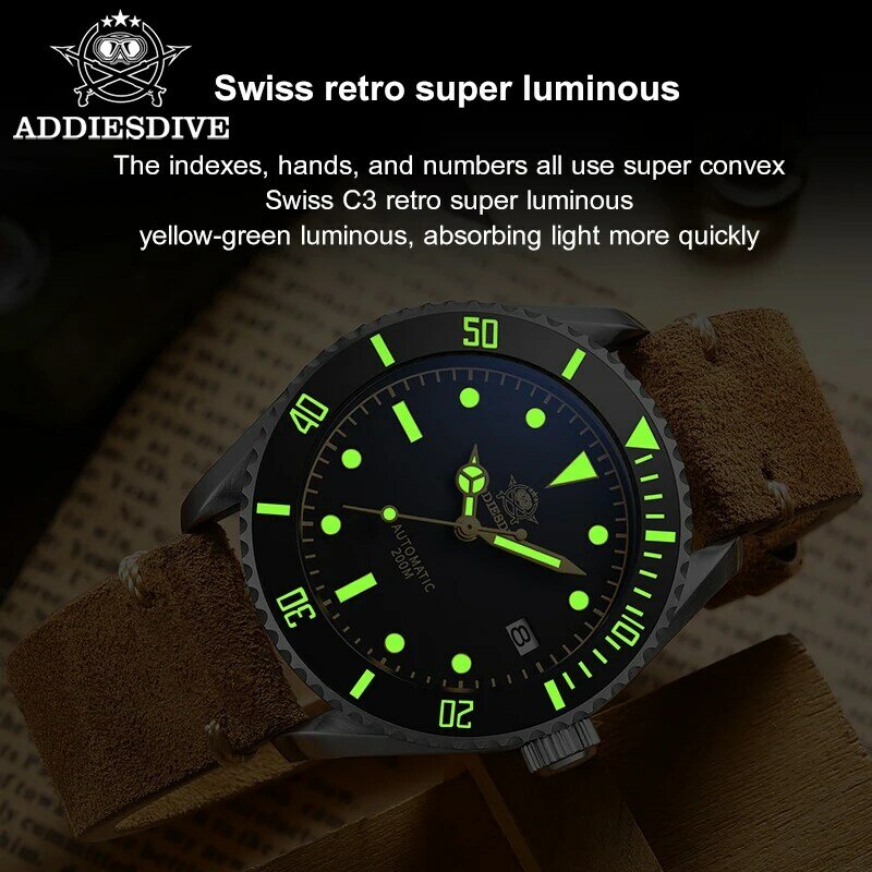 ADDIESDIVE męskie zegarki automatyczne AD2101 luksusowe 20bar nurkowanie zegarek ze stali nierdzewnej 316L mężczyźni sapphire luminous diver wristwbach