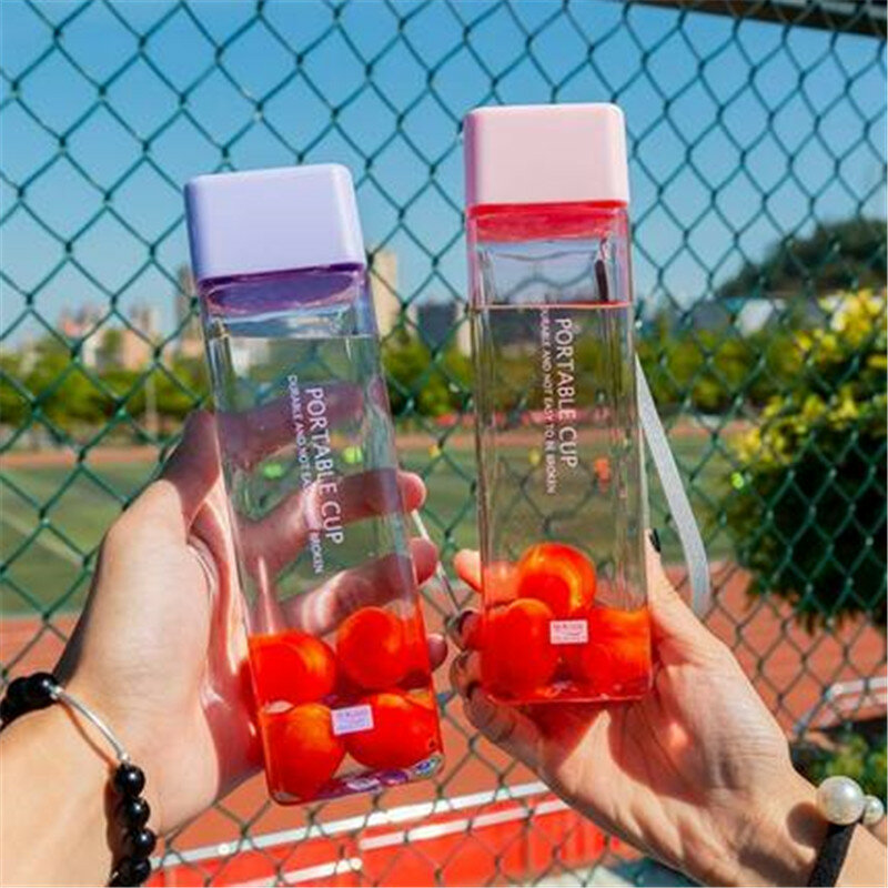 Botella de agua de plástico esmerilado cuadrada, botella transparente portátil a prueba de fugas para jugo de fruta, deporte al aire libre, viaje, Camping, nueva