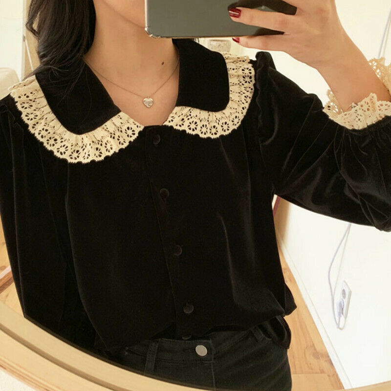 Women Velvet Lace Blouse Shirts Retro Lace Lolita Tops Peter Pan Collar Sweet Chic Vintage Casual All-Match Stylish Blouses