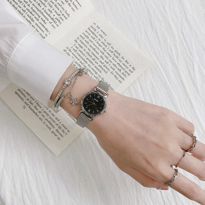 메쉬 스틸 여성 시계 실버 간단한 핑크 숙녀 손목 시계 패션 시계 팔찌 세트 쿼츠 시계 럭셔리 선물 zegarek damski