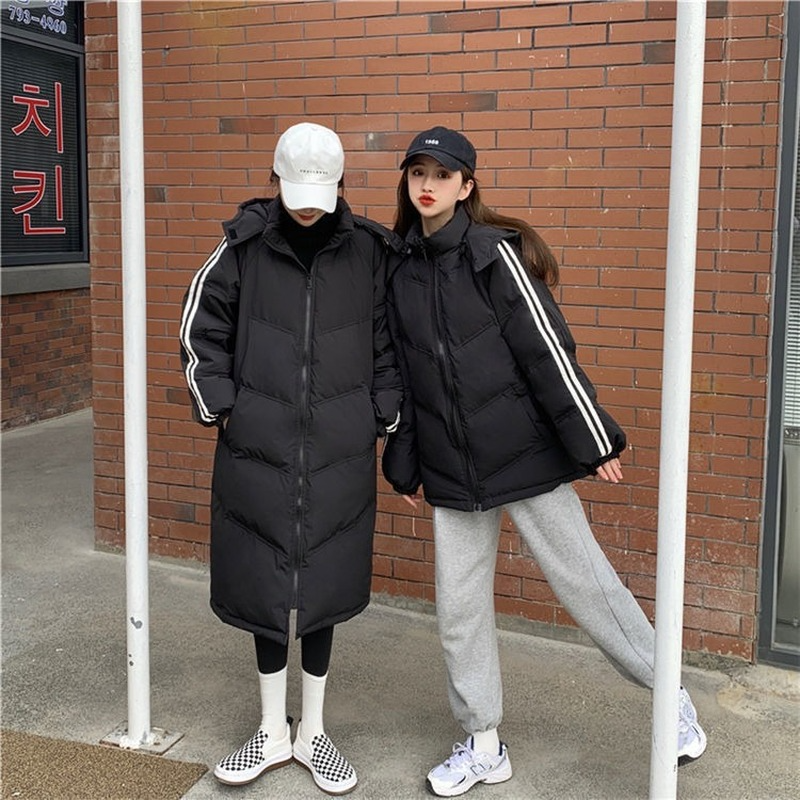 Parkas Frauen Winter Lose Mit Kapuze Paare Unisex Koreanischen Stil Side Gestreifte Vintage Casual Weibliche Outwear Lange Hülse Trendy Retro