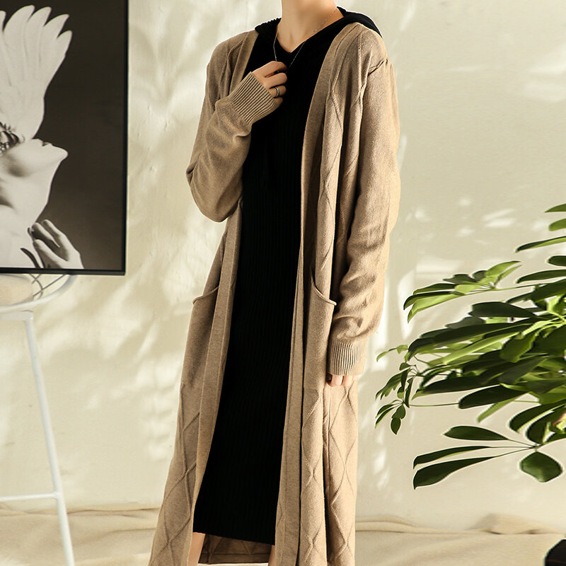 Abrigo tipo Cárdigan para mujer, suéter de longitud media, mangas largas en forma de diamante sobre la rodilla, estilo perezoso que combina con todo, abrigo suelto de moda coreana