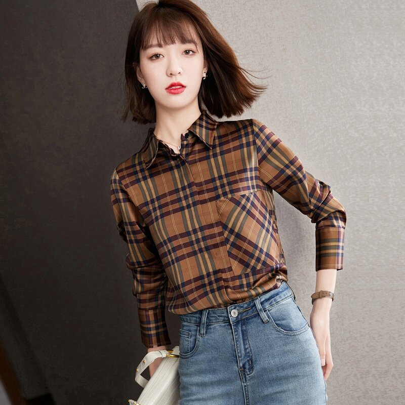 Blusa feminina xadrez com bolso, camisa vintage manga comprida plus size 2021 primavera