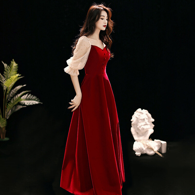 Burgundy Velour Toast Dresses 2020 A-Line Temperament Evening Gown Formal Dress Vestido de Festa