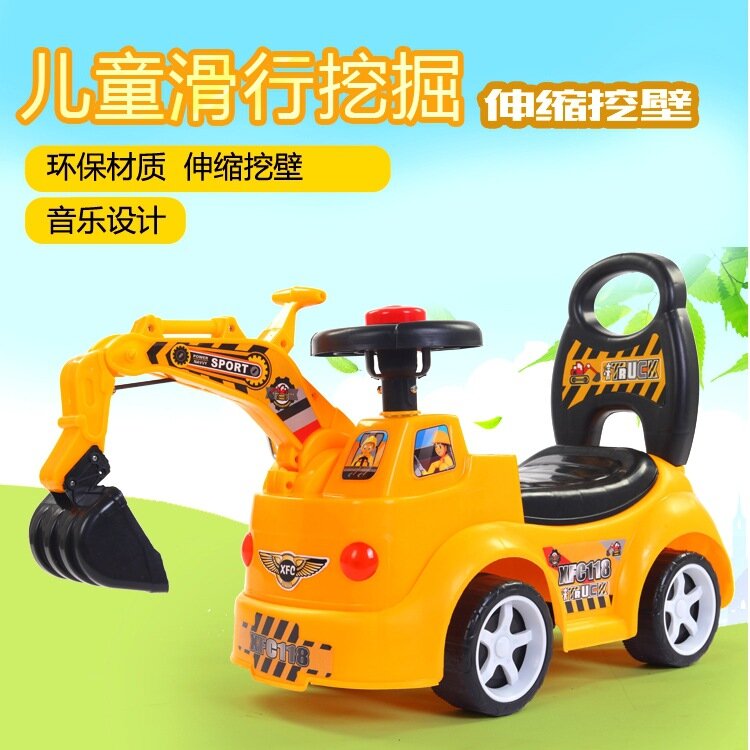 Carrinho de brinquedo com escavadeira de 4 rodas para crianças, carro com escorregador de música e brinquedo de engenharia
