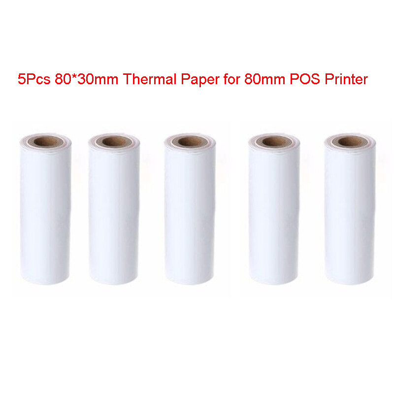 Rollo de papel de recibo térmico, 80x30MM, para impresora térmica POS móvil, 5 uds.