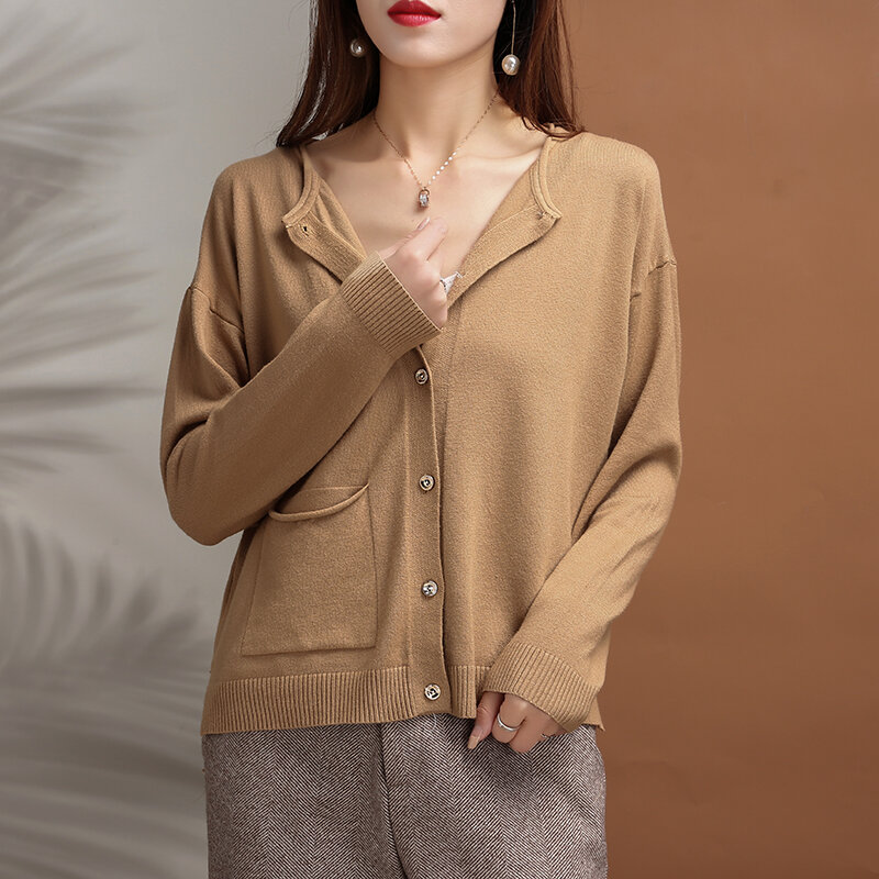 Cárdigan de cuello redondo para mujer, camisa de manga larga a la moda, chaqueta versátil coreana, cálida y suelta, primavera y otoño