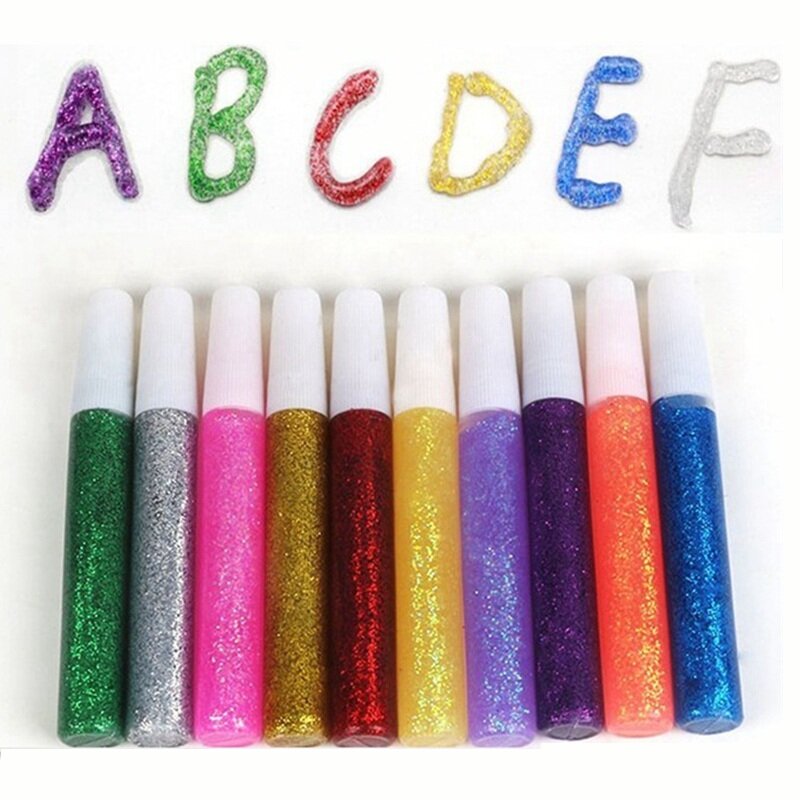 10pcs Colored Glitter Powder Adhesive Child Art Painting Paper Crafts Drawing Phone Case DIY Super Liquid Nail Gel Glue Pen