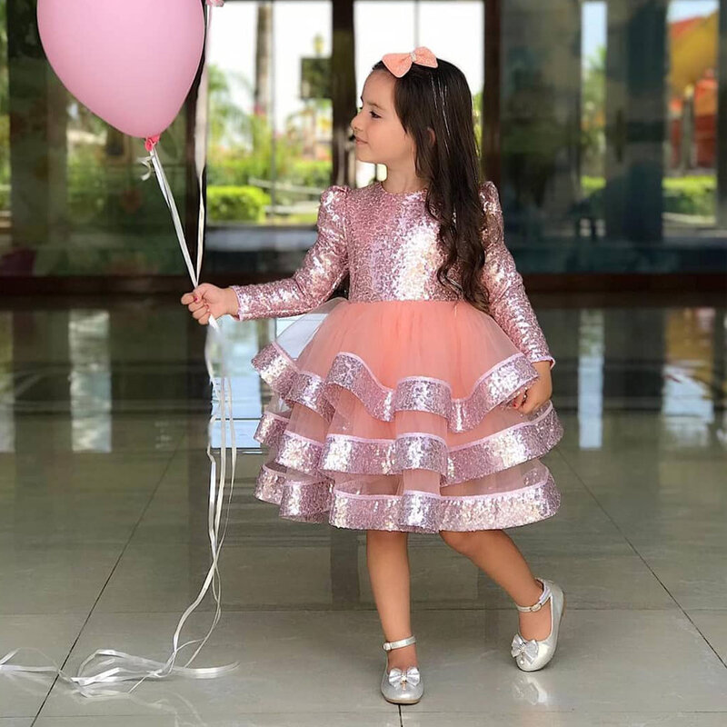 Gaun pesta bayi perempuan lucu, gaun kontes payet merah muda bertingkat Tulle Cupcake es bunga