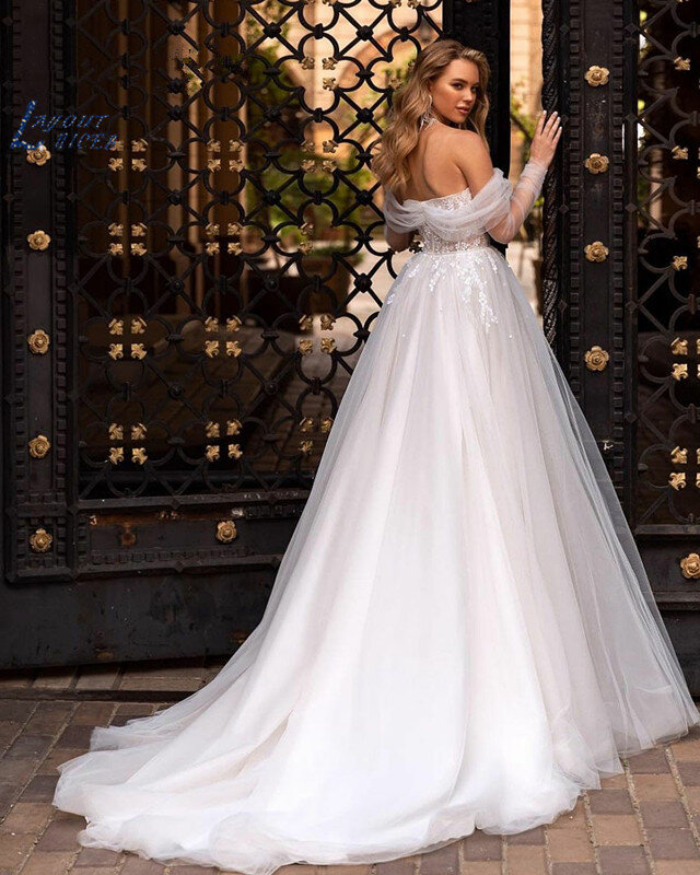 Кружевное свадебное платье с аппликацией и вырезом сердечком, 2022, платье принцессы с открытыми плечами для плявечерние, свадебное платье с аппликацией и разрезом