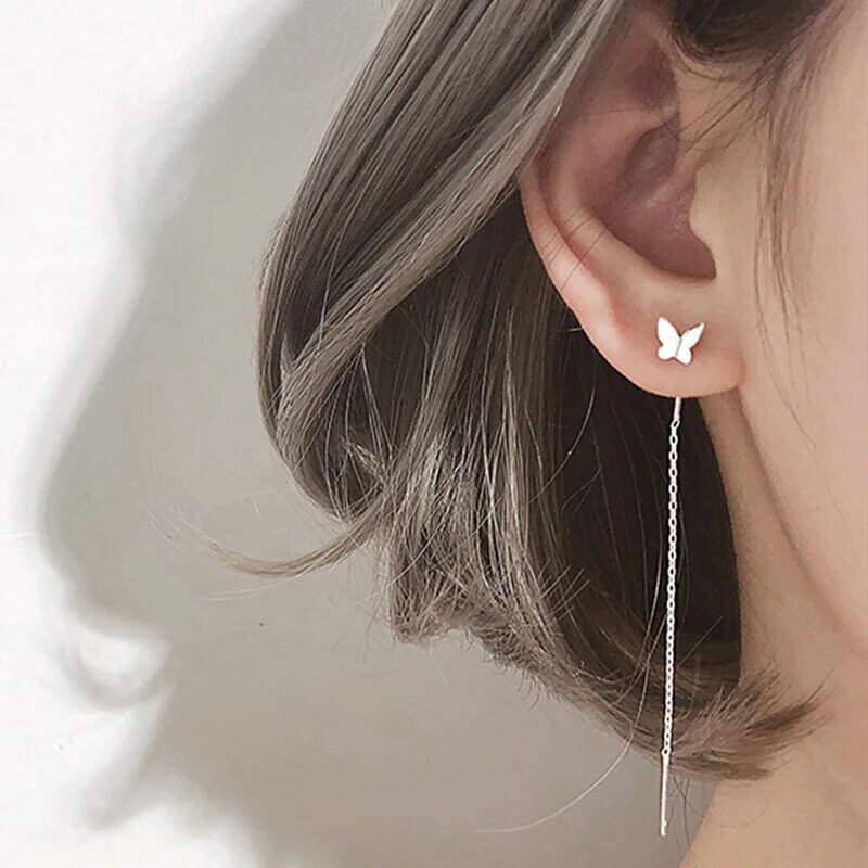 Boucles d'oreilles longues en forme de papillon pour femme, chaîne pendante, couleur argentée, bijoux de fête, cadeau de fille, mode, été 2020