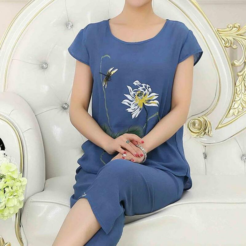 Middle-aged and Elderly Womens Pants Suits Summer Short Sleeve T-shirt Top & Wide-leg Pants Two Piece Set Pajamas Women Homewear