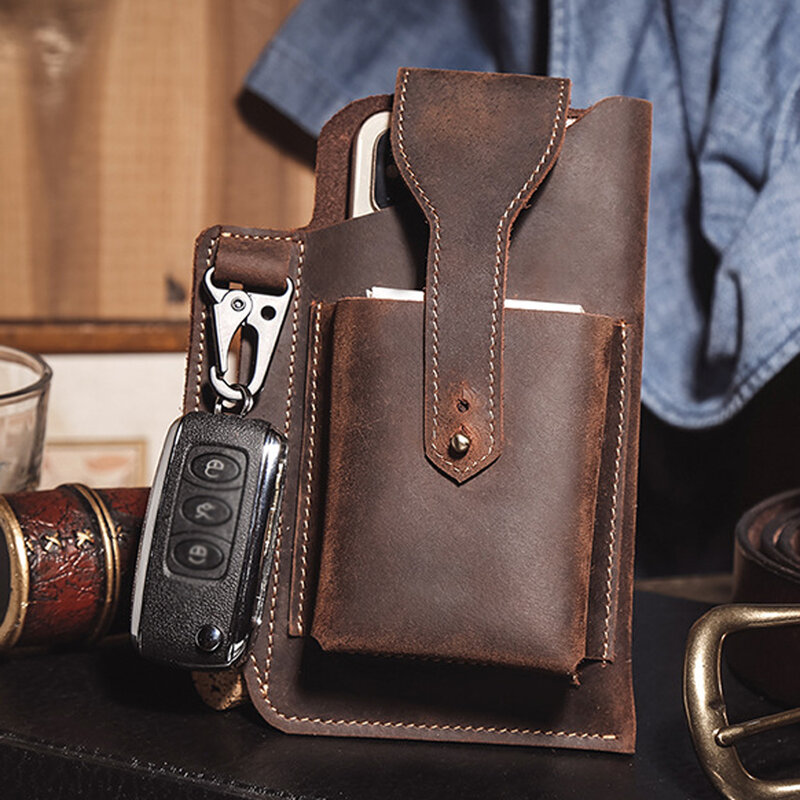 Crazyhorse – sac de téléphone portable en cuir véritable, première couche, étui à cigarettes, sac à ceinture avec crochet pour clé