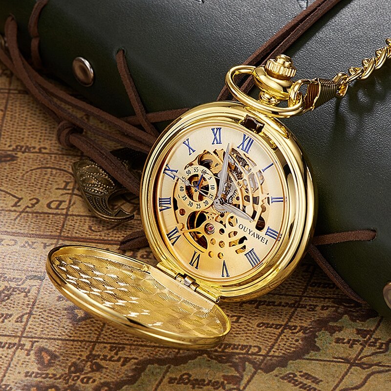 Stainless Steel Men Mechanical Pocket Watch Fashion Casual Skeleton dial Luxury Gold Hand Wind Mechanical Male Fob Chain Watches