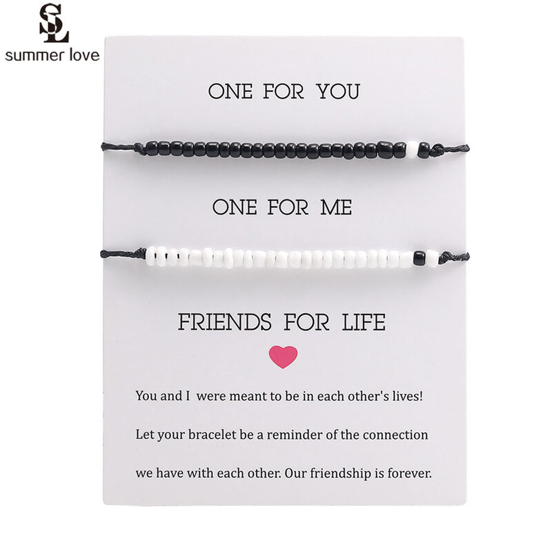 2 petits Bracelets faits à la main en perles de rocaille noires et blanches pour femmes et hommes, corde réglable tressée, bijoux d'amitié, pièces/ensemble