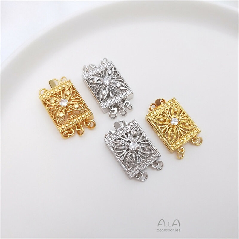 1pcs 23x13.5mm Vacuum plated 18K real gold white gold zircon rectangular multi-row pearl buckle diy jewelry buckle