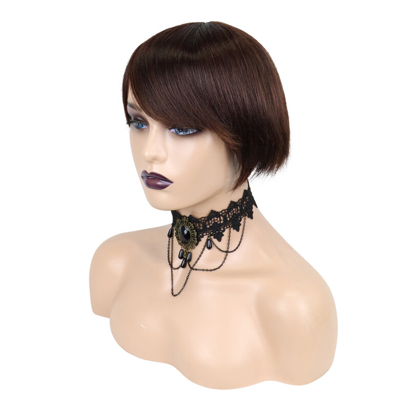 Pelucas de cabello humano brasileño para mujeres negras, pelo corto recto con corte Pixie, hecho a máquina con flequillo, barato, sin pegamento
