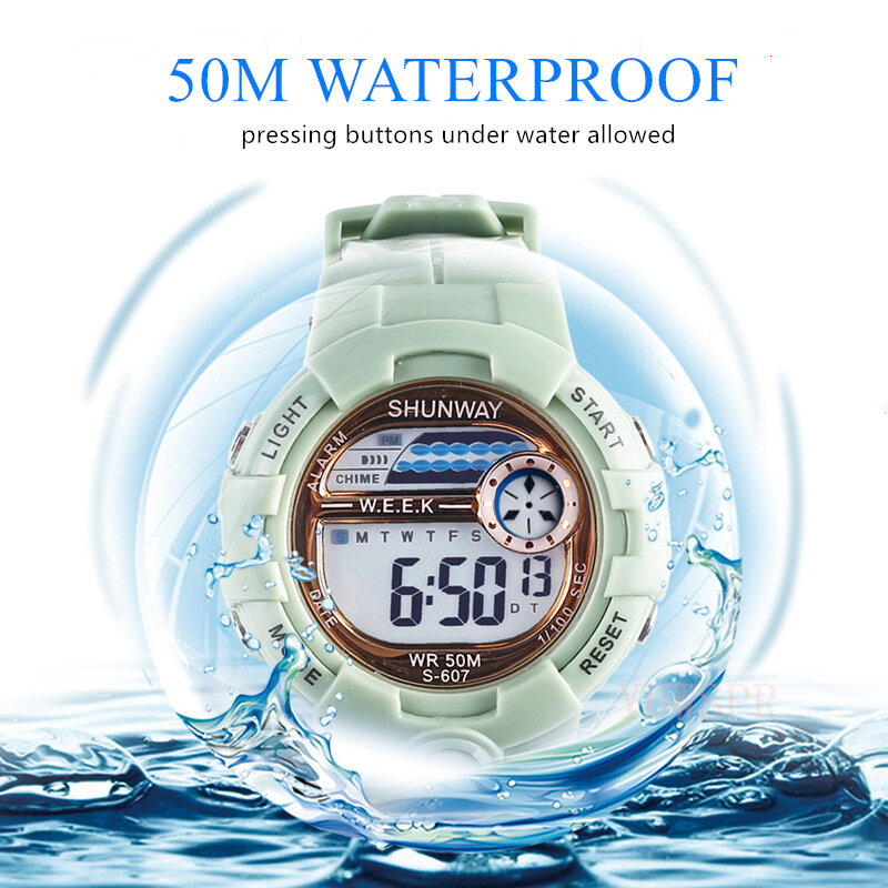Crianças eletrônico led relógio digital esportes 5bar impermeável natação relógios para 3 12 12 anos de idade meninas meninos bebê relógio presente 607