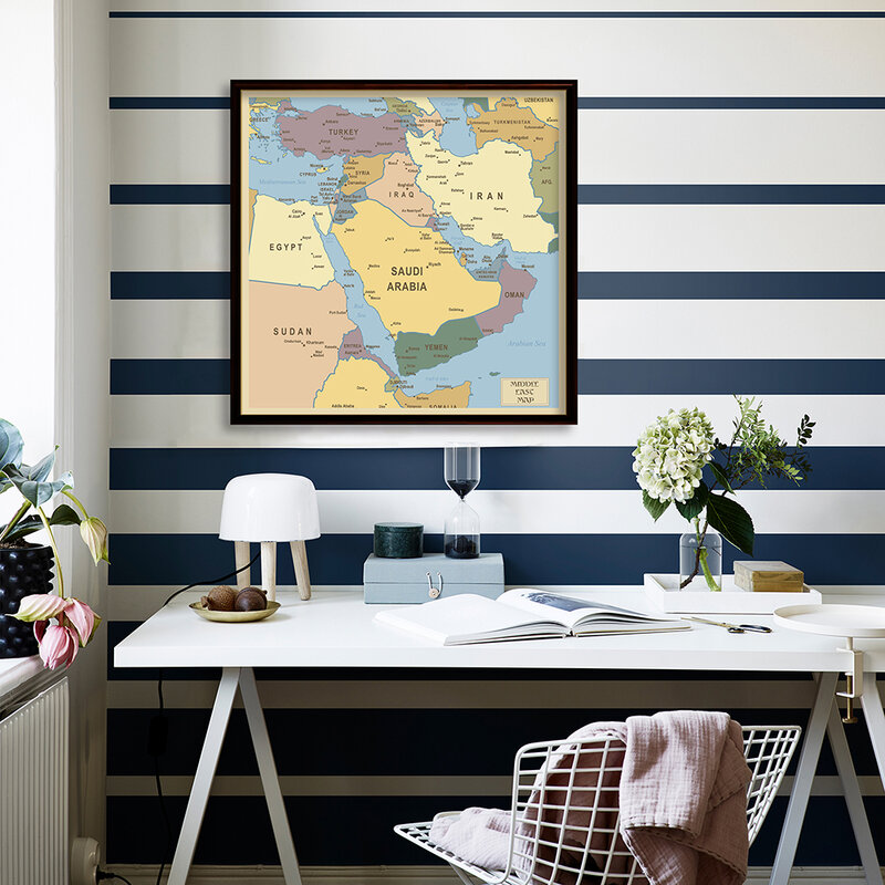 Mapa Política de Oriente Medio, lienzo de pintura no tejido, Póster Artístico para pared, decoración del hogar, suministros escolares, 90x90 cm