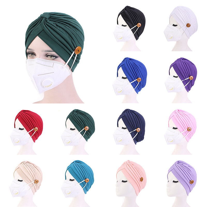 2021 Theo Hồi Giáo Bông Băng Đô Cài Tóc Turban Gọng Mũ Với Nút Hijab Bonner Đầu Bọc Cho Phụ Nữ Ấn Độ Châu Phi Xoắn Hijab Mũ Turbante Mujer