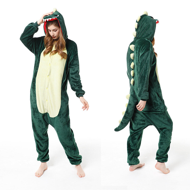 Зеленая пижама с динозавром для взрослых, зимняя Фланелевая Пижама для женщин, унисекс, милый пижамный комплект с мультяшным животным, Детс...