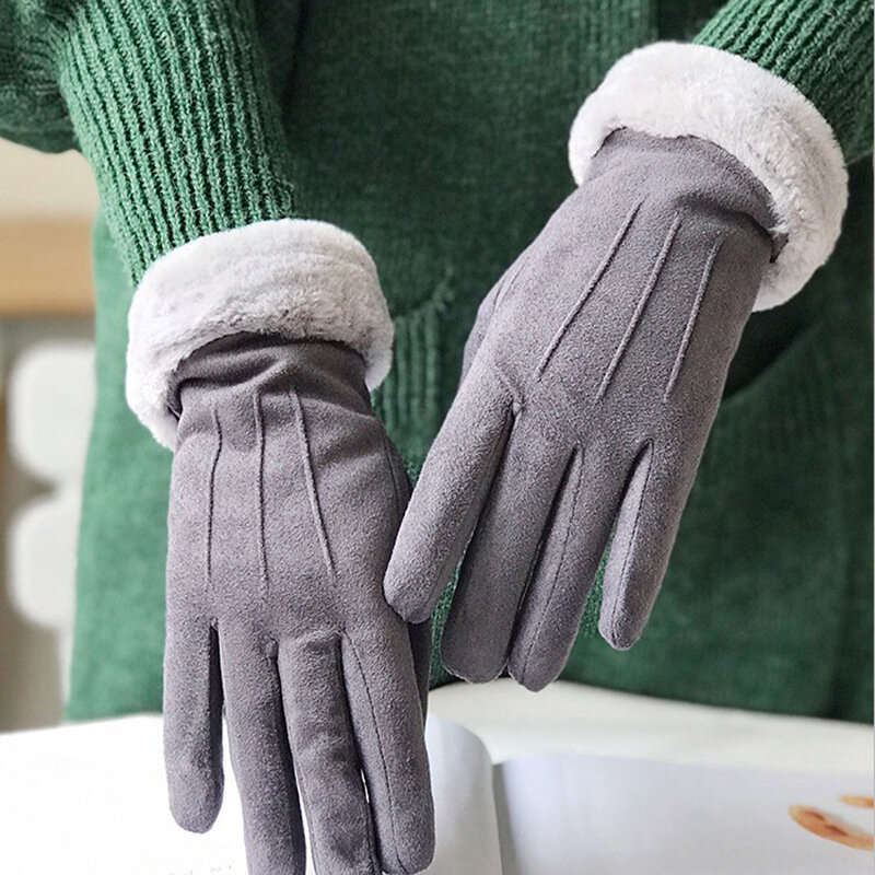 Женские зимние замшевые ветрозащитные велосипедные Простые перчатки для вождения Модные бархатные плотные плюшевые наручные перчатки для сенсорного экрана