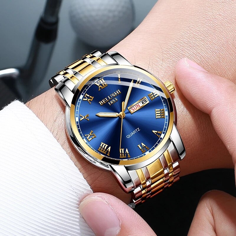 BELUSHI Top marka luksusowe zegarki Luminous wodoodporna stal nierdzewna zegarek kwarcowy mężczyźni data kalendarz biznes zegarek