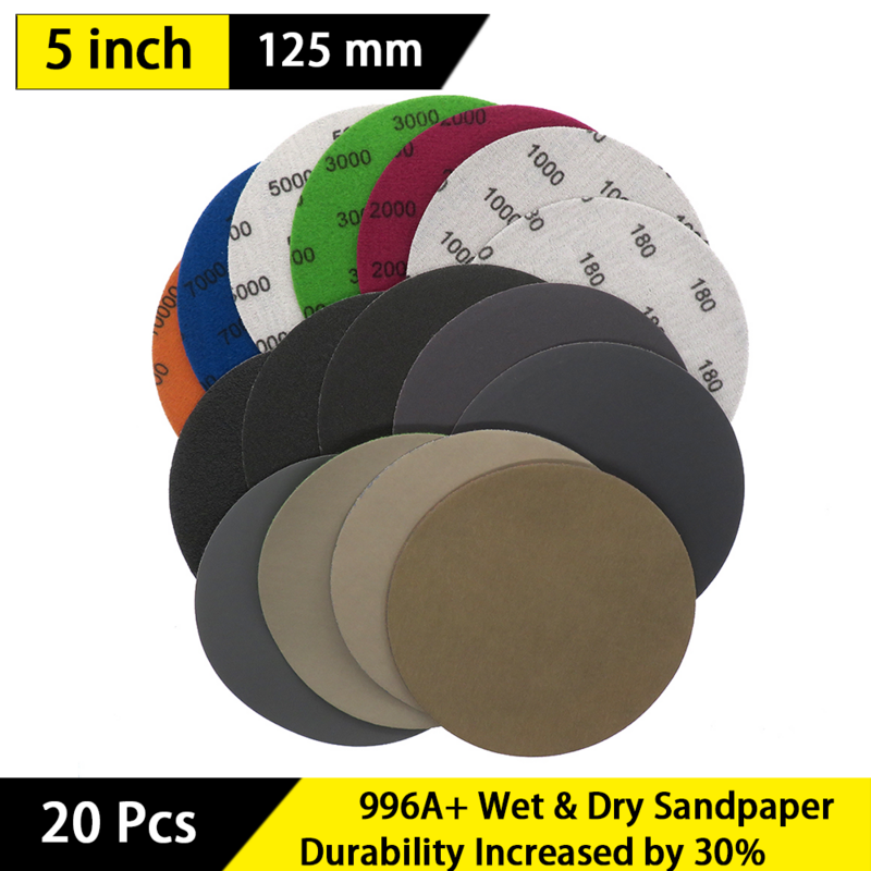 20pcs 5 Inch(125mm) Sandpaper High Performance Heavy Duty Silicon Carbide Wet&Dry Hook and Loop Sanding Discs
