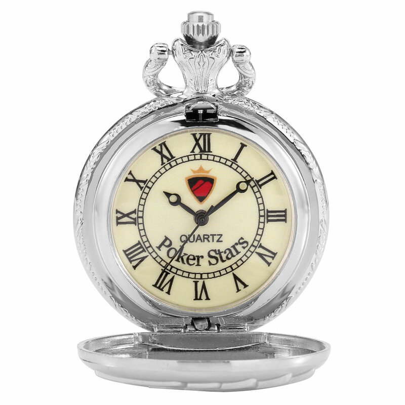 Prata poker bolso relógio de pulso requintado capa poker estrelas algarismos romanos quartzo dial colar fino corrente relógio presente para amigo