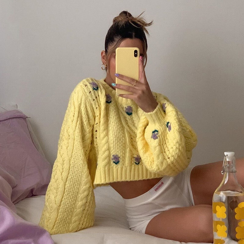 HEYounGIRL Floral Cropped Knitted Sweater Women Yellow Sweat Cute Long Sleeve Jumpers Ladies Chic Puff Sleeve Pullover Autumn