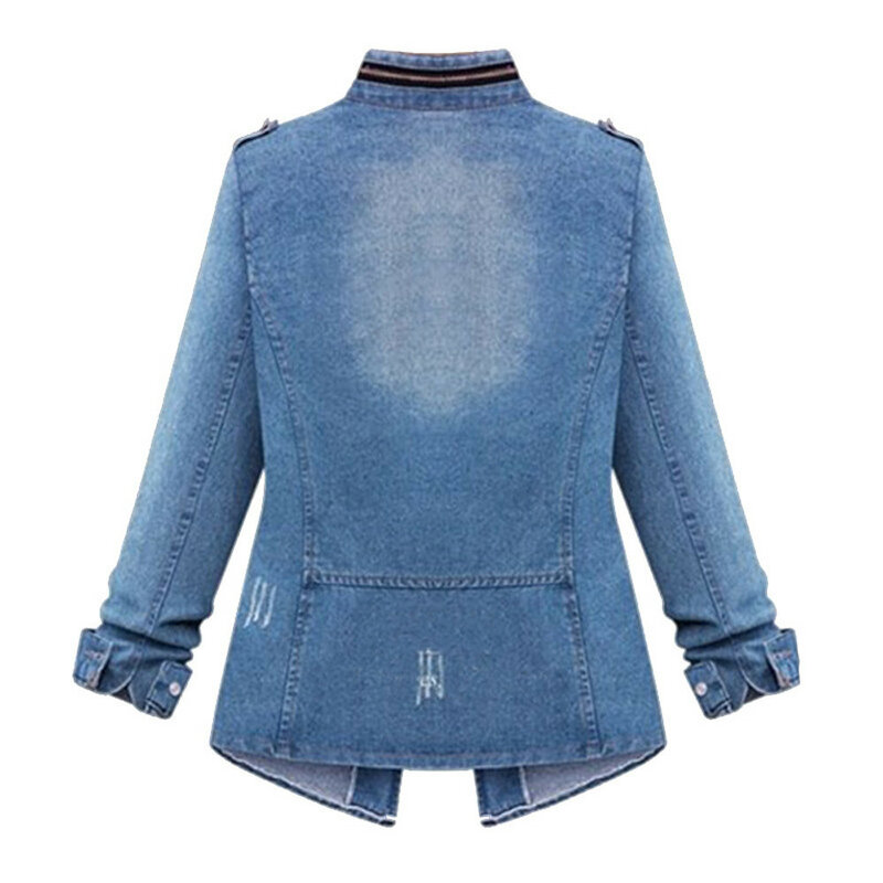 Female Jacket Womens Plus Size Ladies Denim Oversize Jeans Chain Jacket Pocket Coat Polyester Solid Pattern Turn-down Collar 9.3