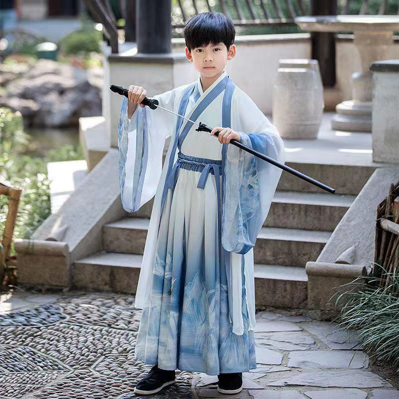 Hanfu chłopcy letnie cienkie dzieci starożytne kostiumy sztuki walki kostiumy chiński styl letnie kostiumy Cosplay
