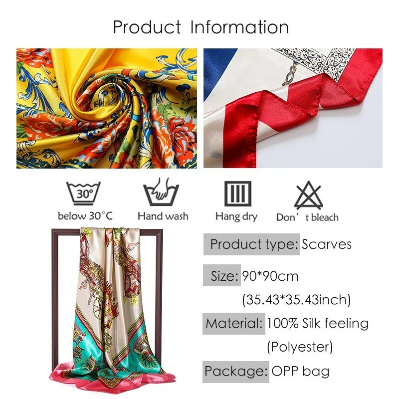 90cm Square Silk Scarf Women Luxury Brand Print Foulard Hijab Shawls Lady Wraps Spring Summer Satin Neck Scarves